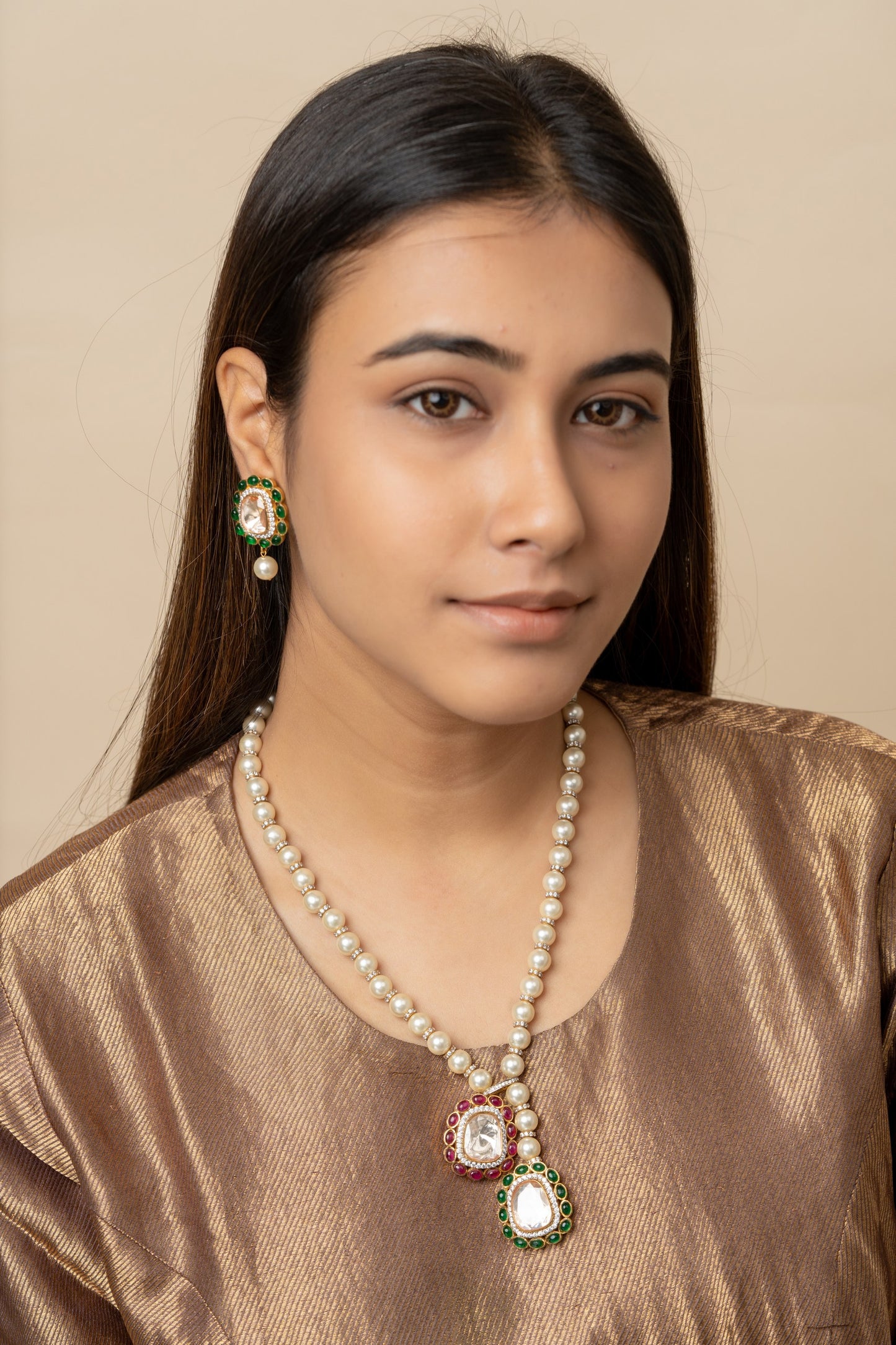 Ruby Emerald Pearl polki Necklace Set