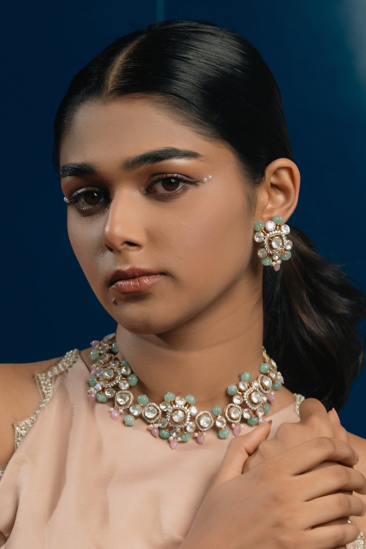 Verdant and Pink Blossoms Necklace Set