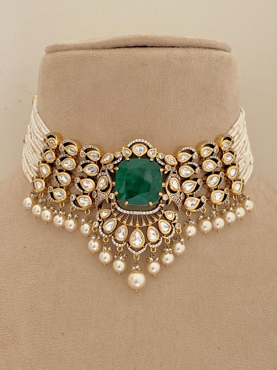 Prableen Kaur in Emerald Poise Choker Set