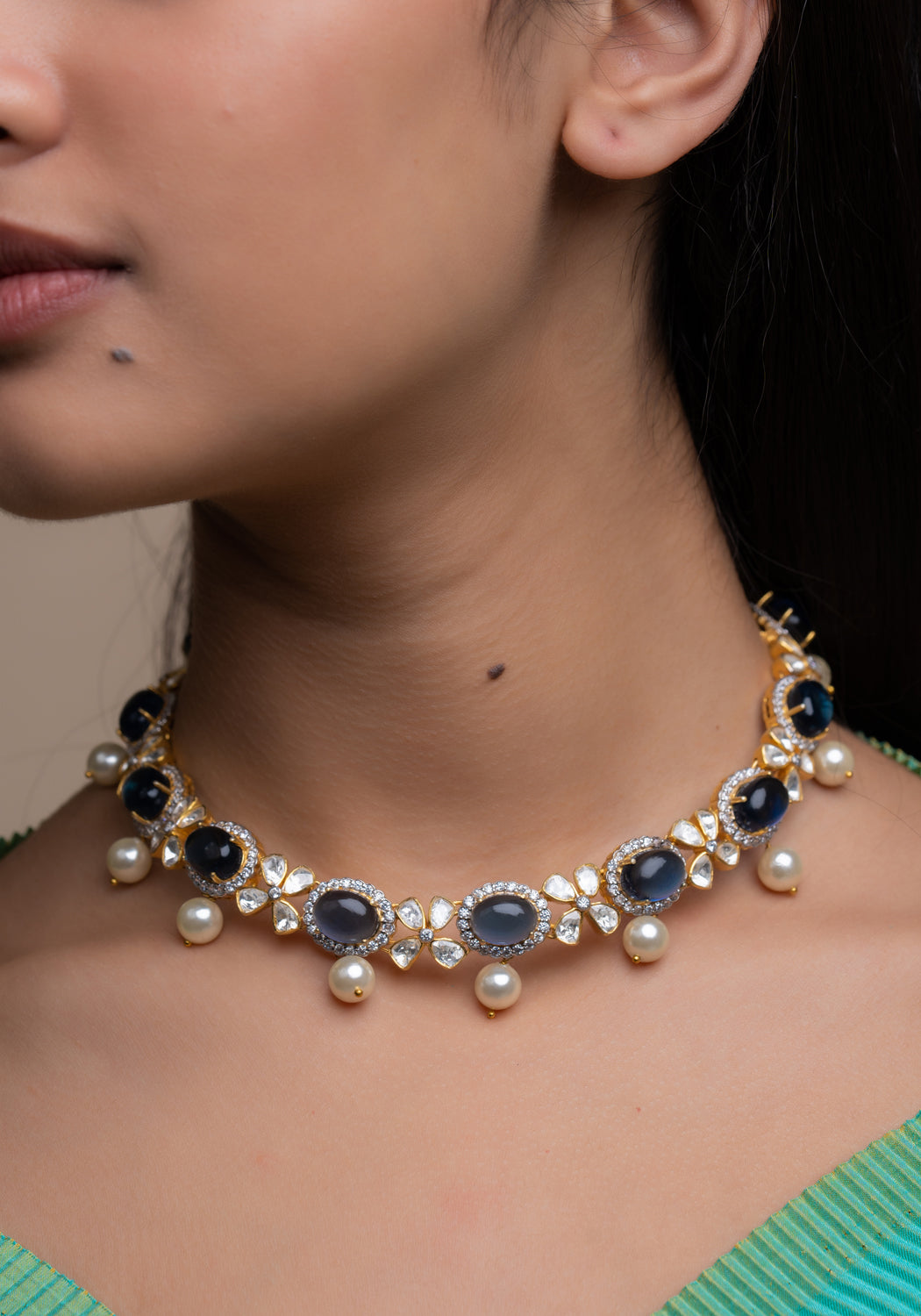 Pearl Beaded Oval Shaped Blue Sapphire Polki Necklace