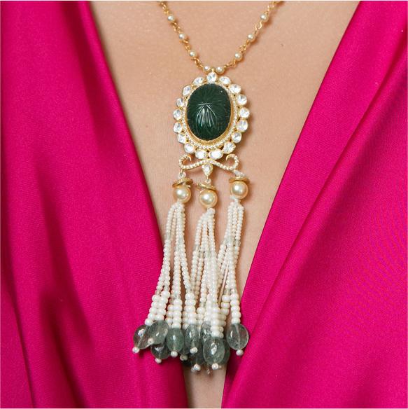 Pearl beaded tassel necklace with emerald