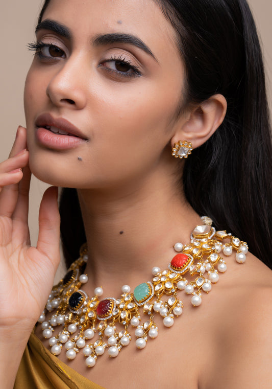 Navratna Floral Polki Necklace With Beaded Pearls