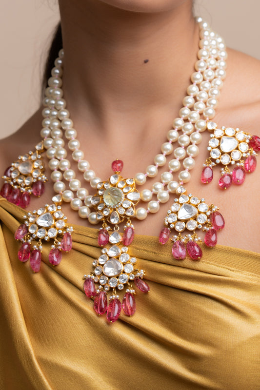 Layered Pearls Necklace With Polki & Pink Tourmalines