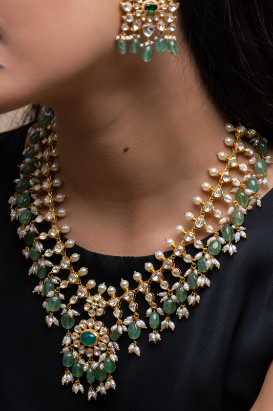 Green Tourmalines V – Neck Polki Necklace with earrings