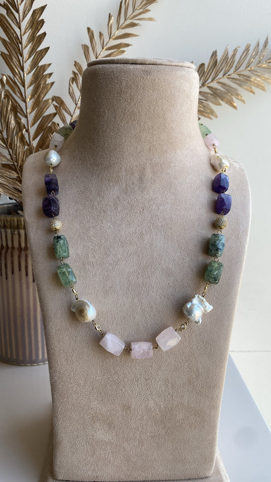 Single line multicolour pastel quartz necklace