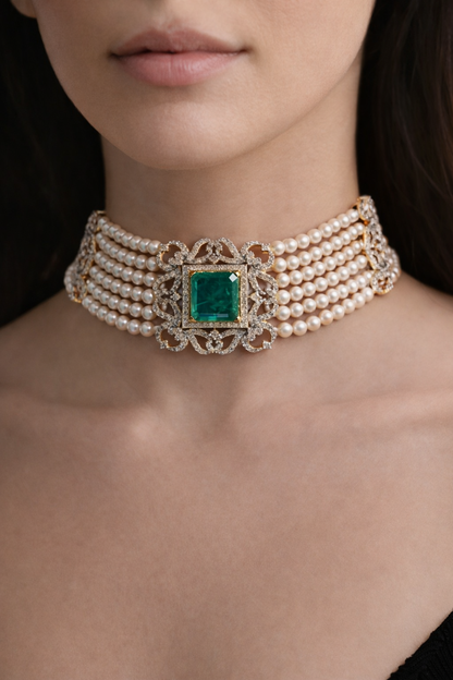 Emerald Gold Pearls Choker Set