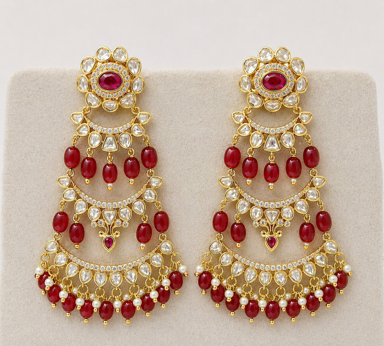 Ruby 3 Tier Kundan earrings