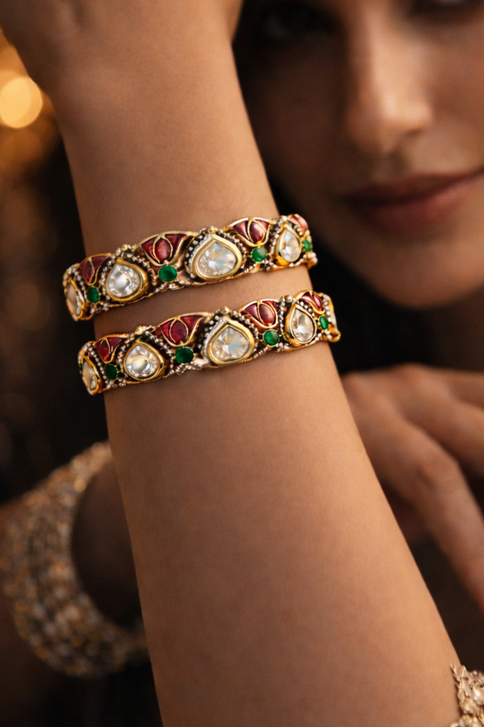 Traditional Stone-Set Gold Bangles (Pair Size -2.4)