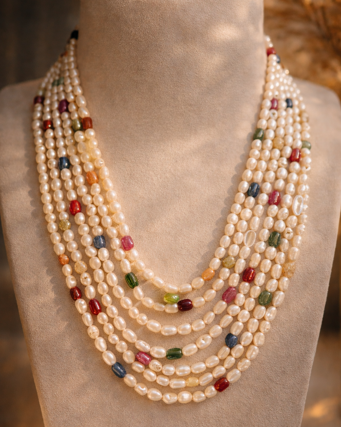 Navratna & Fresh Water Pearl 7 lines Mala