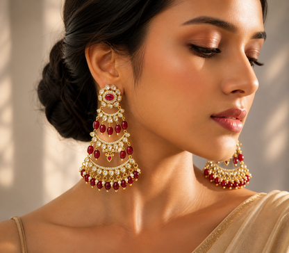 Ruby 3 Tier Kundan earrings