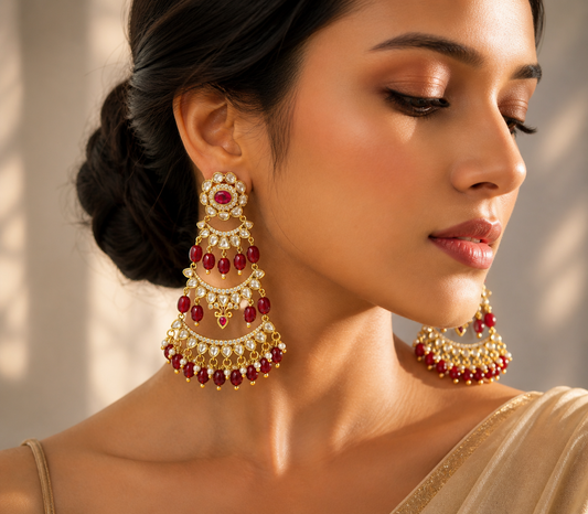 Ruby 3 Tier Kundan earrings