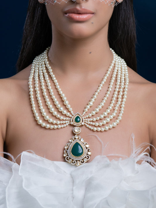 Layered Pearls Necklace With green onyx & Polki