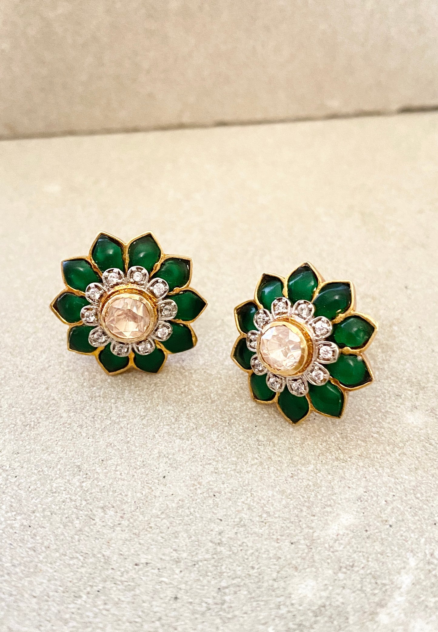 Floral Polki Studs with Emerald