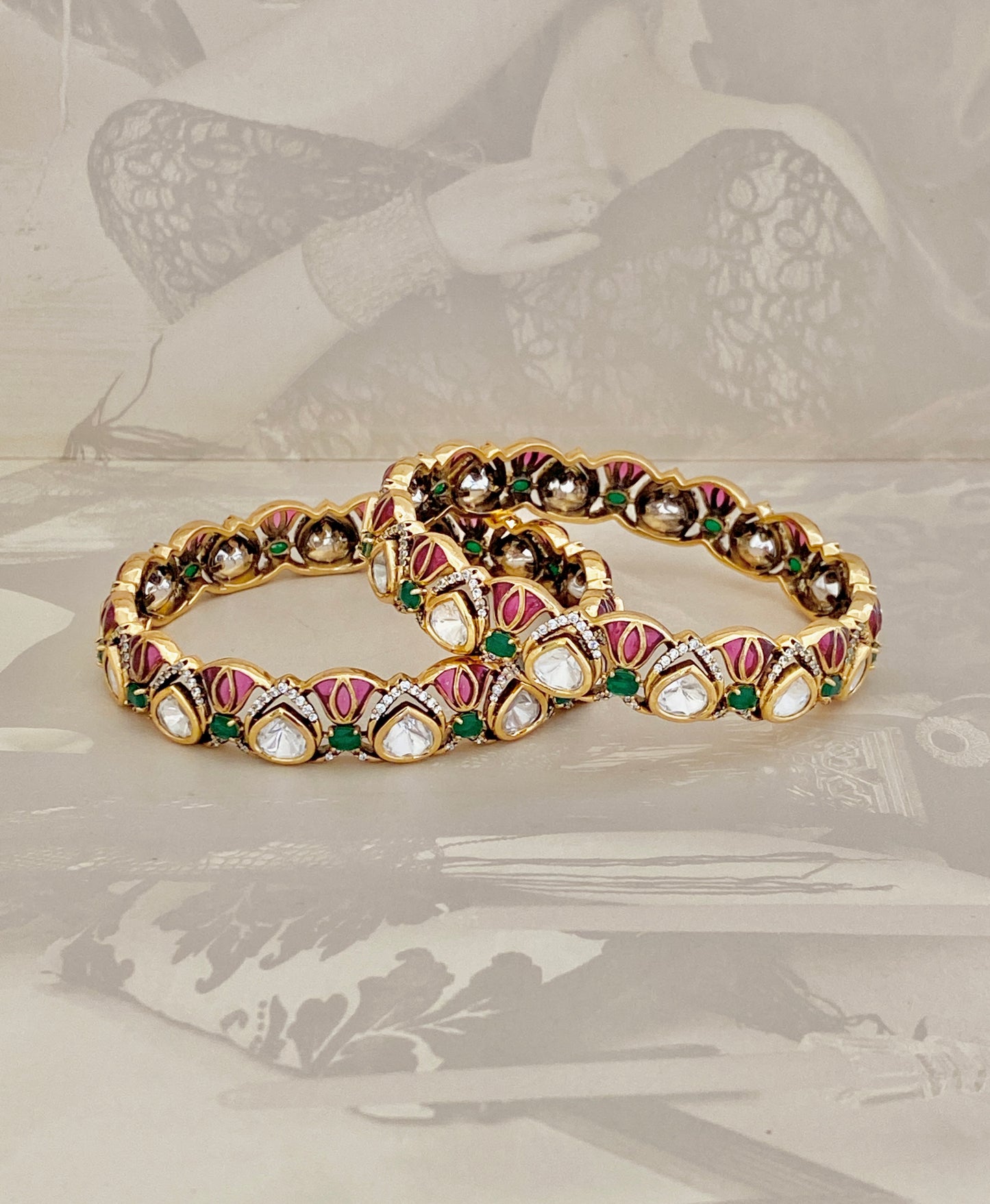 Traditional Stone-Set Gold Bangles (Pair Size -2.4)