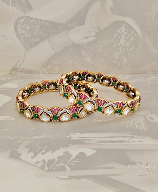 Traditional Stone-Set Gold Bangles (Pair Size -2.4)