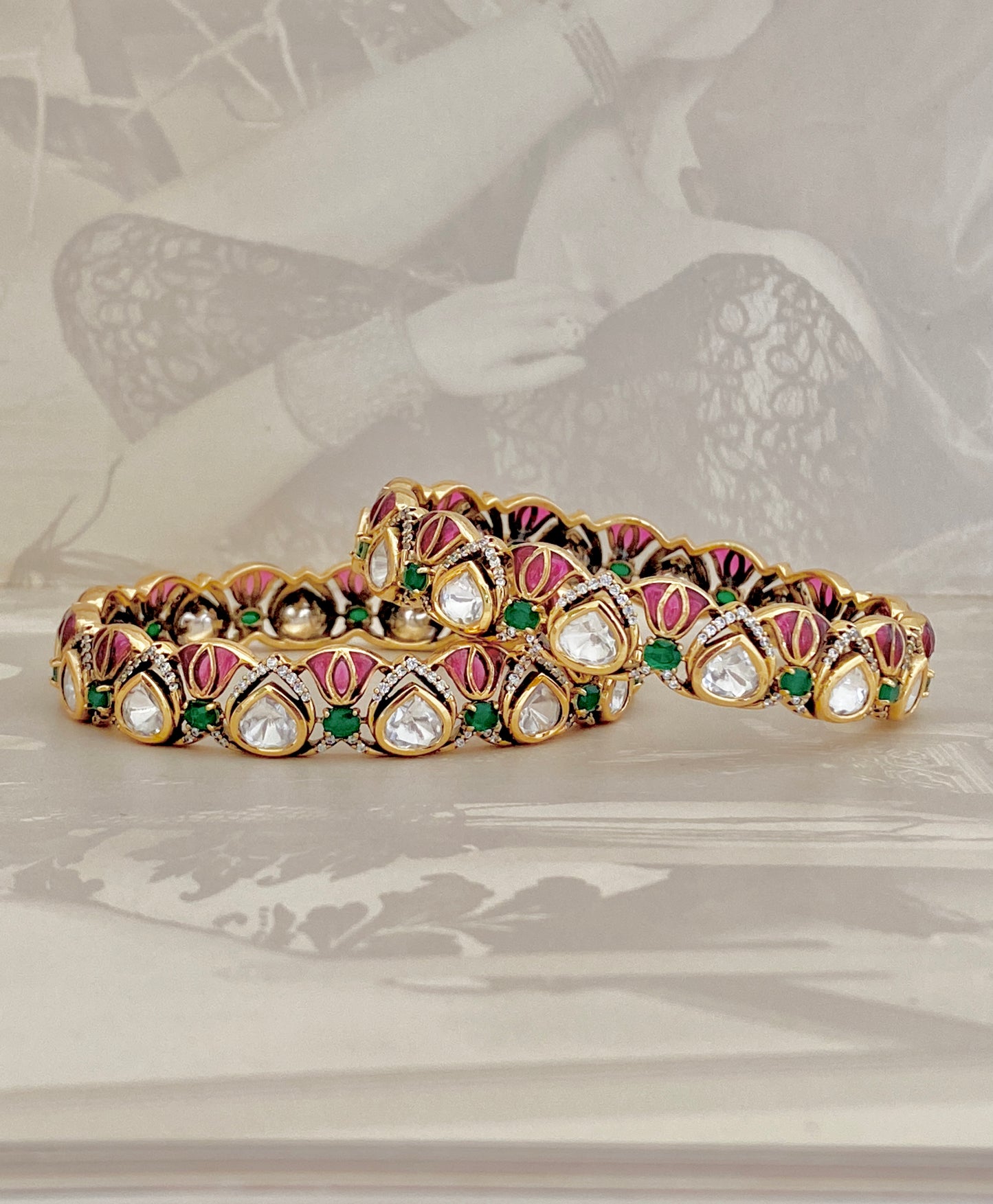 Traditional Stone-Set Gold Bangles (Pair Size -2.4)