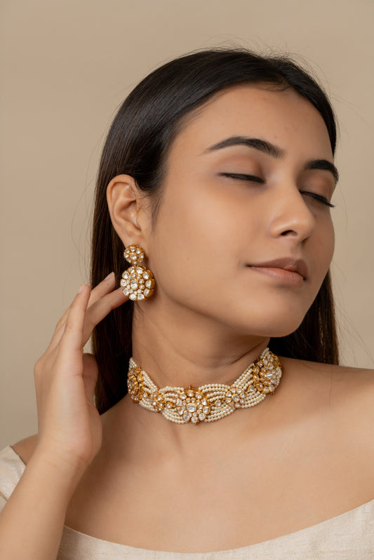 Sleek Pearl Polki necklace set