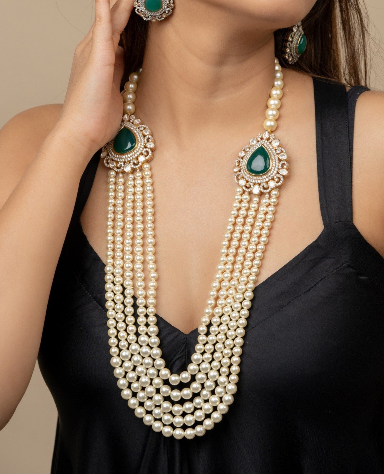 Layered Pearl Emerald Necklace