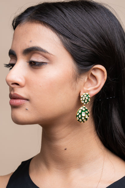 Green enameled polki web earrings