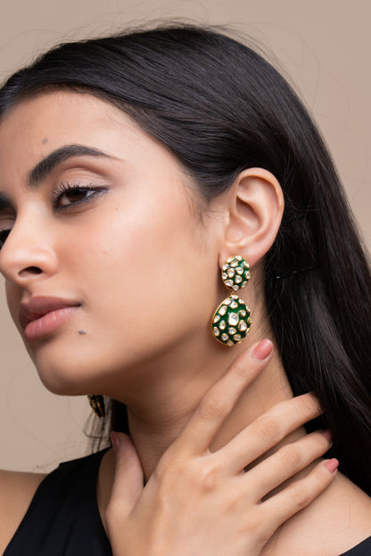 Green enameled polki web earrings