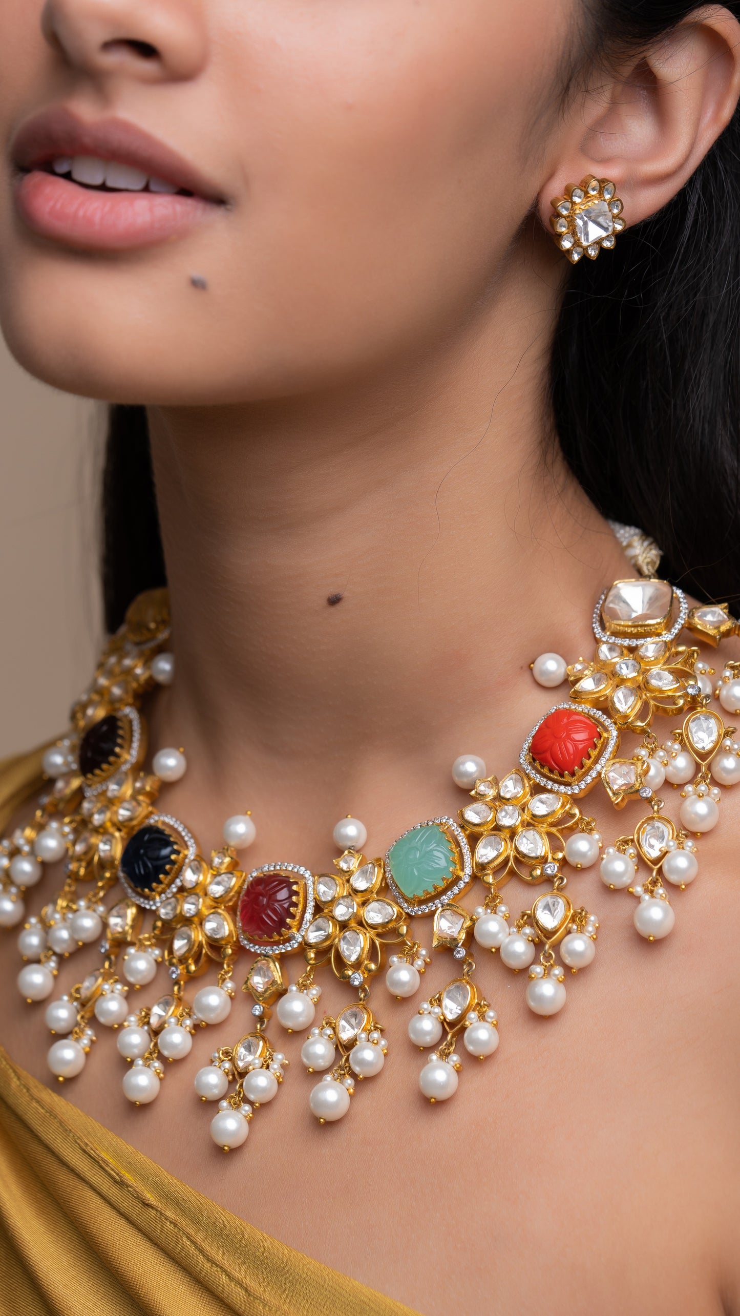 Navratna Floral Polki Necklace With Beaded Pearls