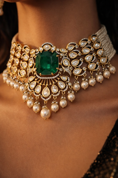 Prableen Kaur in Emerald Poise Choker Set